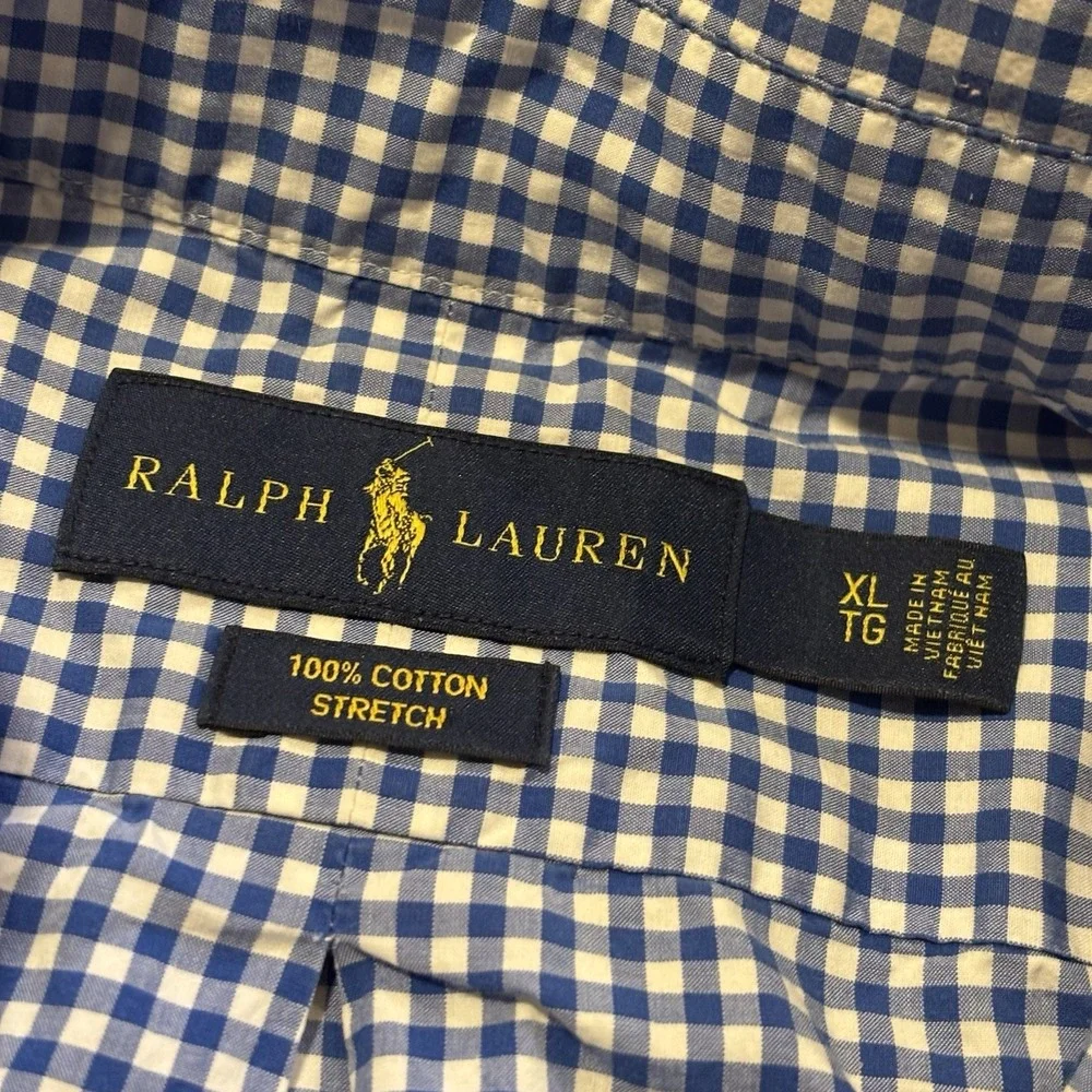 Polo Ralph Lauren Shirt Classic Cotton Stretch Mens XL Blue Gingham Check Pony